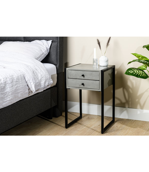 Duverger® Smoke - Table de chevet - acacia - gris foncé - 2 tiroirs - châssis acier - noir