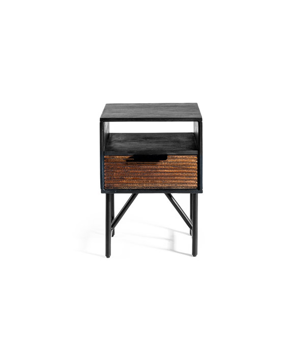 Duverger® Magma - Table de chevet - acacia - noir - brun - 1 tiroir - châssis acier - noir