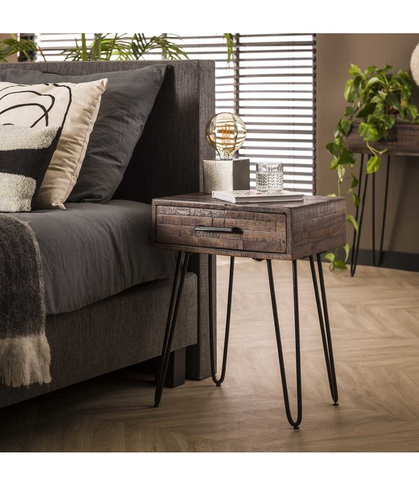 Duverger® Shaded - Table de chevet - rectangle - acacia - greywash - lattes - 1 tiroir - pieds métal