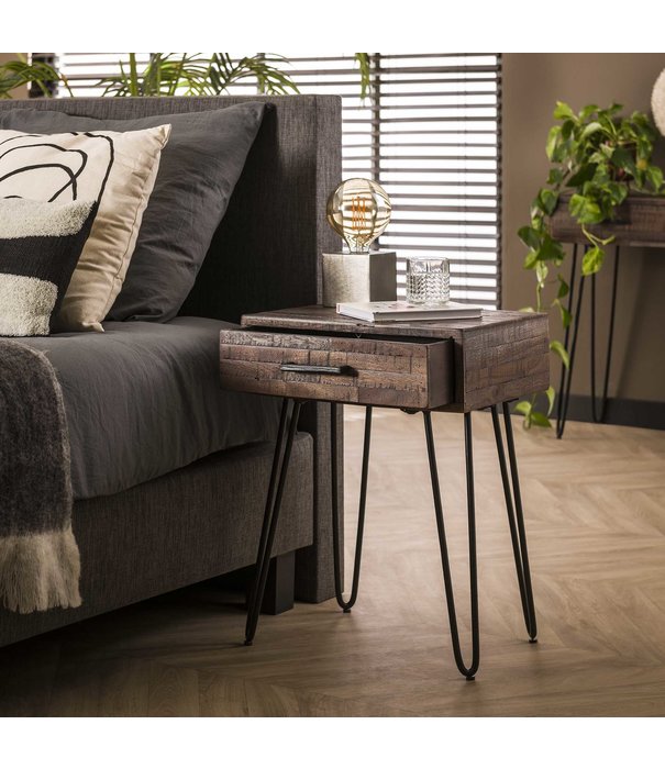 Duverger® Shaded - Table de chevet - rectangle - acacia - greywash - lattes - 1 tiroir - pieds métal