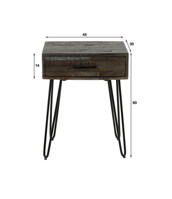 Duverger® Shaded - Table de chevet - rectangle - acacia - greywash - lattes - 1 tiroir - pieds métal