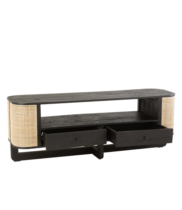 Duverger® Rotan - TV-meubel - hout - rotan - zwart - naturel - 2 lades - 1 grote nis - U-poten
