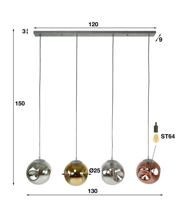 Duverger® Solar - Hängelampe - Metall - Glas - chrom – kupfer – gold - 4 Lichtpunkte