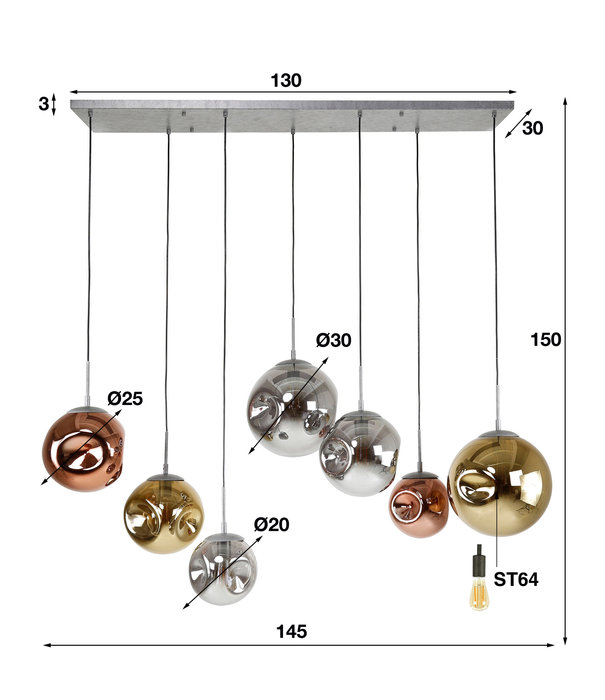 Duverger® Solar - Lampe suspendue - métal - verre - chrome - cuivre - or - 7 lumières