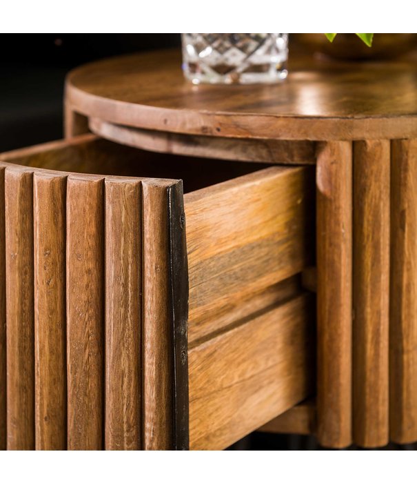 Duverger® Barred - Table de chevet - ronde - 1 tiroir - bois de manguier massif - couleur sable