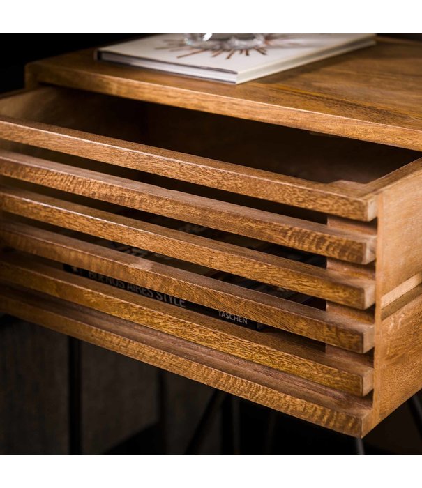Duverger® Barred - Table de chevet - rectangle - 1 tiroir - bois de manguier massif - couleur sable