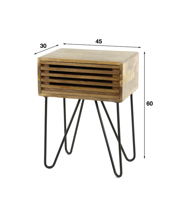 Duverger® Barred - Table de chevet - rectangle - 1 tiroir - bois de manguier massif - couleur sable