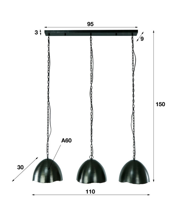 Duverger® Reflection - Lampe suspendue - métal - ronde - Ø30 - noir nickel - abat-jour réflecteur - 3 points lumineux