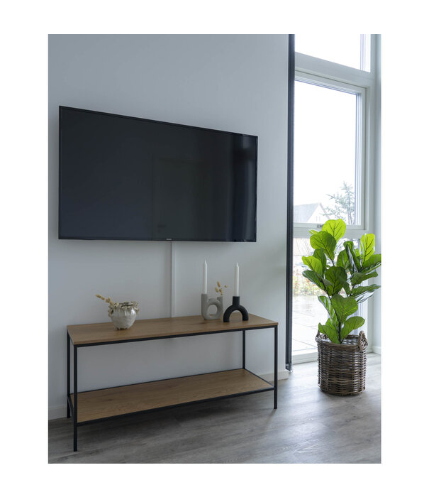 Duverger® Meuble TV scandinave en panneau aggloméré mélaminé aspect chêne avec 2 étagères soutenues par un cadre en acier noir