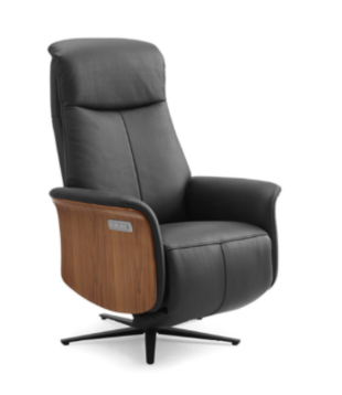 Dreamline wood - Relaxfauteuil - zwart leder - hout deco - elektrisch verstelbaar - met batterij