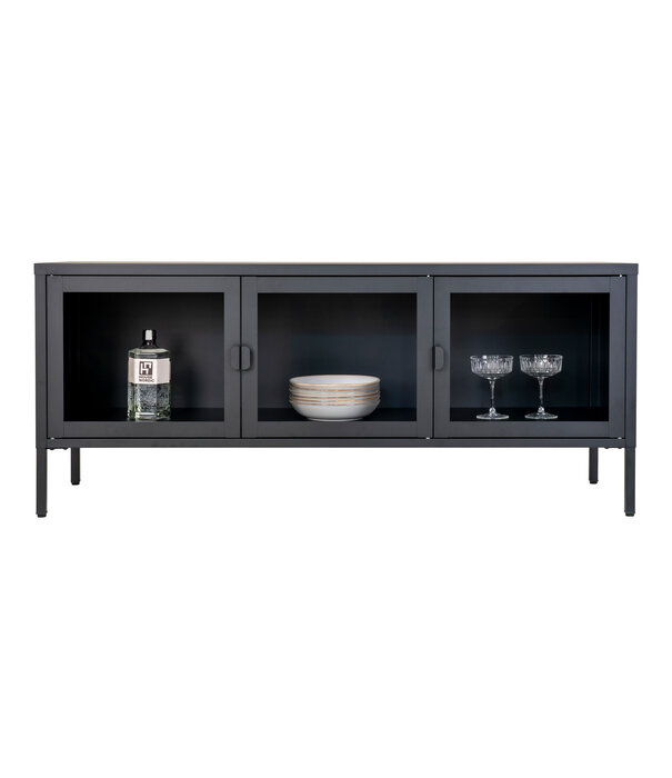 Duverger® Knock stalen TV-meubel zwart met 3 glasdeuren - 130x55x40cm