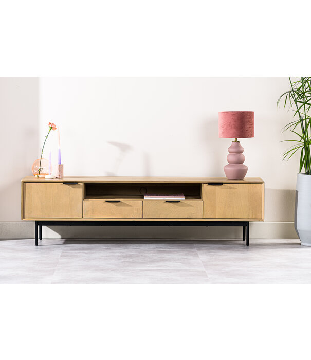 Duverger® Nordic -TV-Möbel - L170cm - Mango - natur - 2 Türen - 1 Nische - 2 Schubladen - Stahlbeine - schwarz