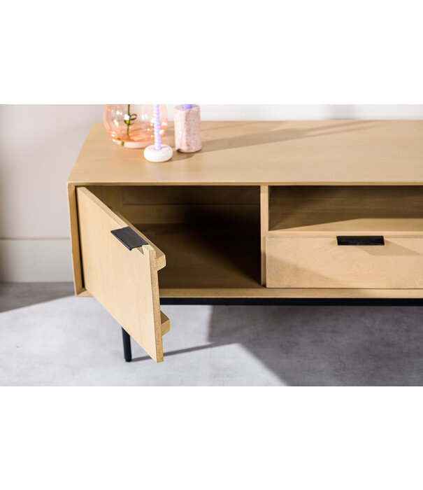 Duverger® Nordic -Tv-meubel - L170cm - mango - naturel - 2 deuren - 1 nis - 2 lades - stalen poten - zwart