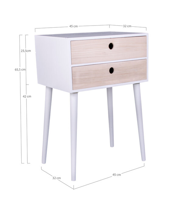 Duverger® Table de nuit scandinave en bois de paulowna blanc avec 2 tiroirs naturels soutenus par 4 pieds en bois