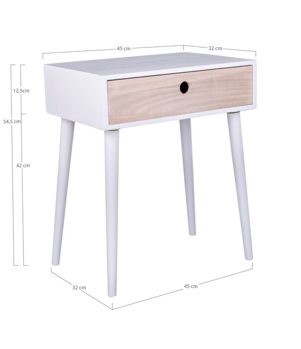 Duverger® Table de nuit scandinave en bois de paulowna blanc avec 1 tiroir naturel soutenu par 4 pieds en bois