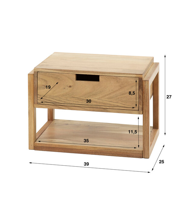 Duverger® Correo - Table de chevet - acacia massif - naturel - rectangulaire - 1 tiroir - 1 compartiment ouvert