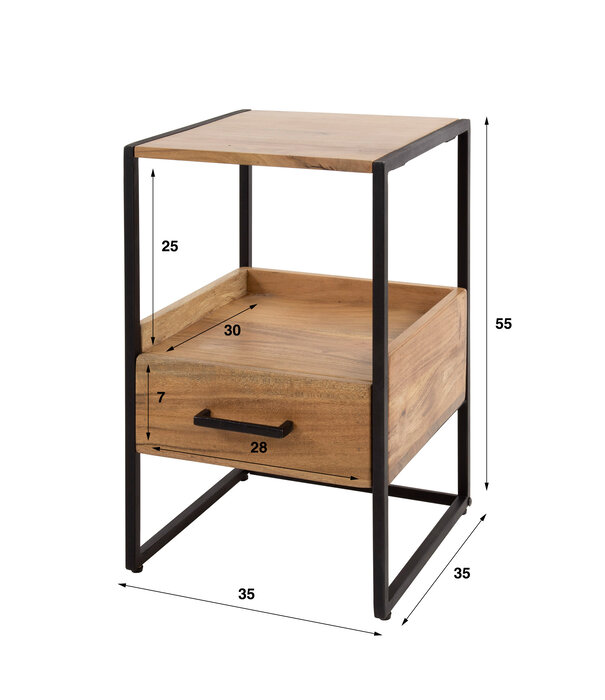 Duverger® Nook - Table de chevet - acacia massif - 1 tiroir - compartiment ouvert - base en métal
