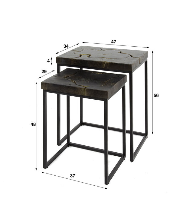 Duverger® Black Halcyon - Table d'appoint - Lot de 2 - bois de teck - métal laqué noir