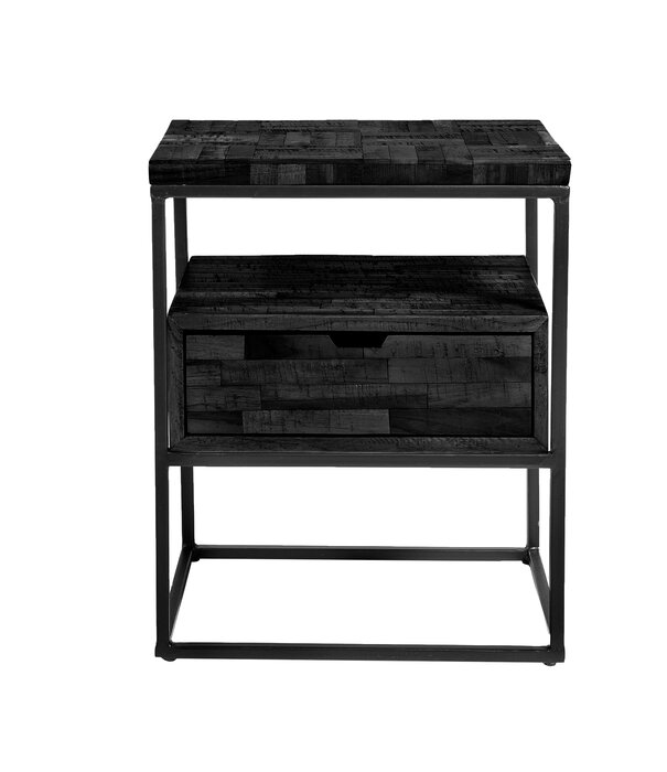 Duverger® Black block - Table de chevet - noir - teck recyclé - 1 tiroir - 1 niche