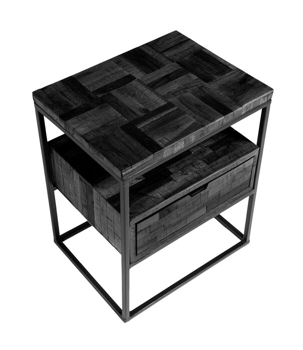 Duverger® Black block - Table de chevet - noir - teck recyclé - 1 tiroir - 1 niche