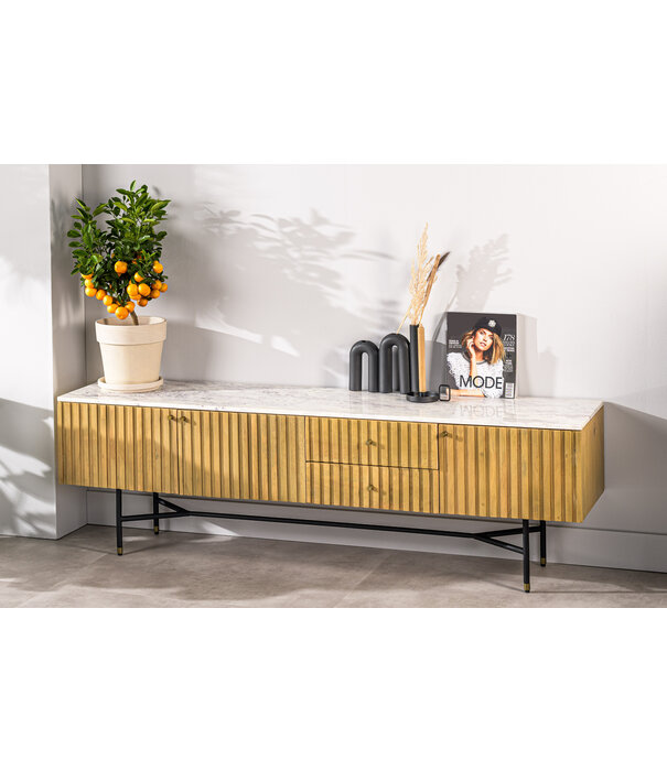 Duverger® Piano - Meuble TV - L175cm - manguier - naturel - plateau en marbre - blanc