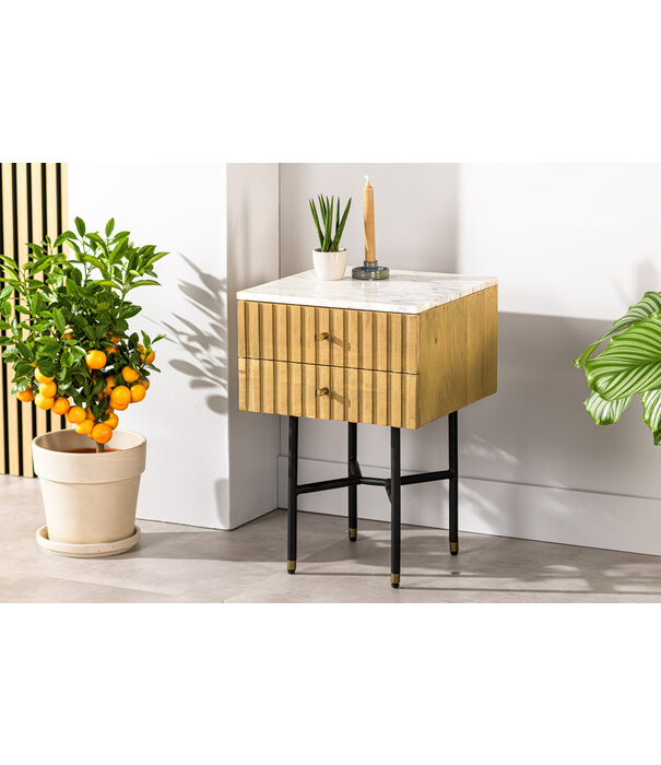 Duverger® Piano- Nachttisch - Mango - natur - Marmorplatte - weiß