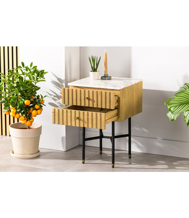 Duverger® Piano- Table de chevet - mangue - naturel - plateau en marbre - blanc