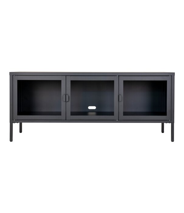 Duverger® Meuble TV Knock en acier noir avec 3 portes vitrées - 130x55x40cm