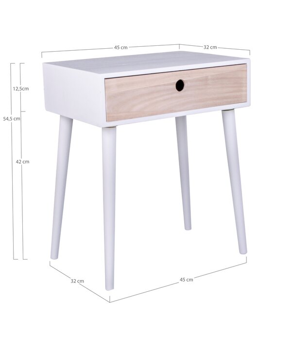 Duverger® Table de nuit scandinave en bois de paulowna blanc avec 1 tiroir naturel soutenu par 4 pieds en bois