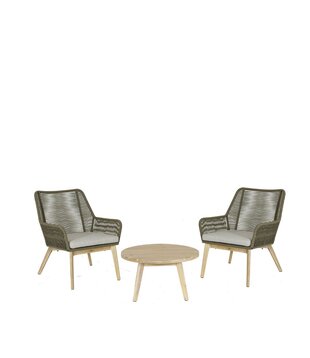 Puente lounge set - 2 fauteuils - koord olijfgroen - ronde salontafel - acacia