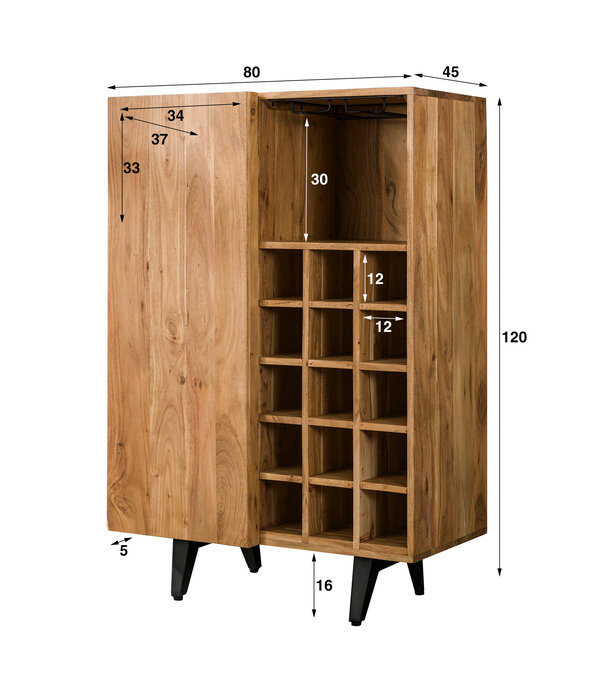 Duverger® Acacian Block - Barschrank - Massivholz Akazie - 1 Tür - 1 offenes Fach - 15 Weinfächer