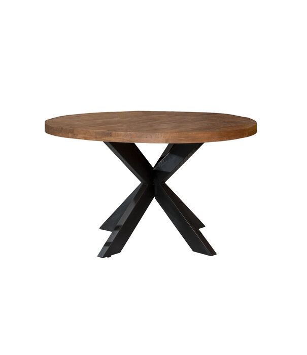 Duverger® Omerta - Table de salle à manger - ronde - 130cm - bois de manguier - naturel - pied Spider en acier - laqué noir