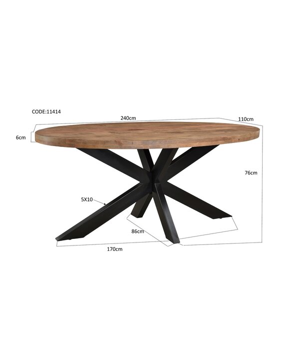 Duverger® Omerta - Eettafel - ovaal - 240cm - mango - naturel - stalen Spider-poot - zwart gecoat