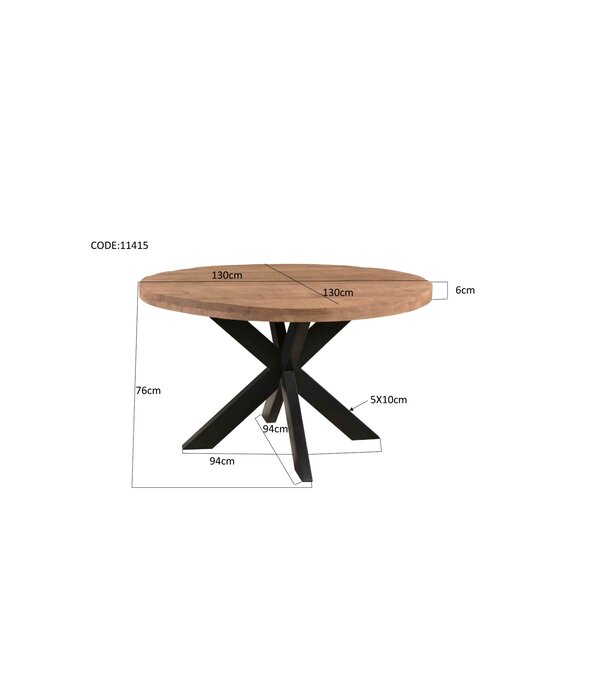 Duverger® Omerta - Eettafel - rond - 130cm - mangohout - naturel - stalen Spiderpoot - zwart gecoat