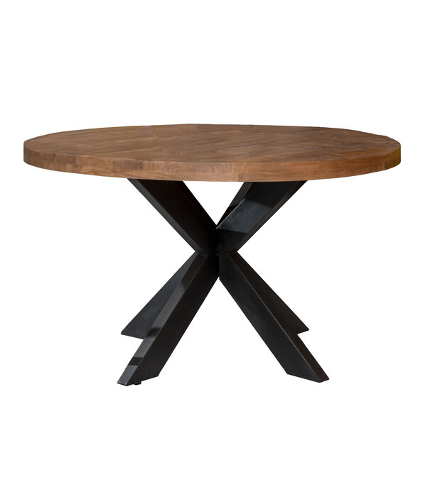 Duverger® Omerta - Table de salle à manger - ronde - 150cm - bois de manguier - naturel - pied Spider en acier - laqué noir