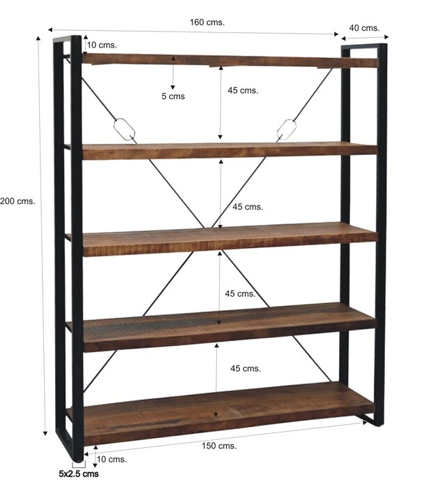 Duverger® Robust - Boekenrek - 5 leggers - naturel mangohout - staal