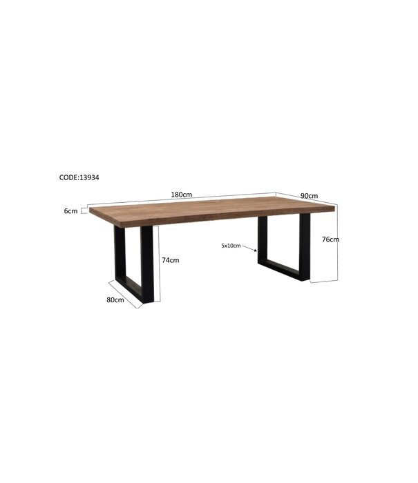 Duverger® Omerta - Eettafel - rechthoekig - 180cm - mango - naturel - stalen U-poot - zwart gecoat