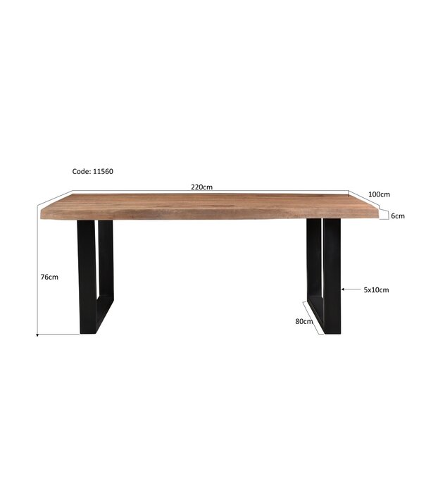 Duverger® Omerta - Eettafel - rechthoekig - boomstam - 220cm - mango - naturel - stalen U-poot - zwart gecoat