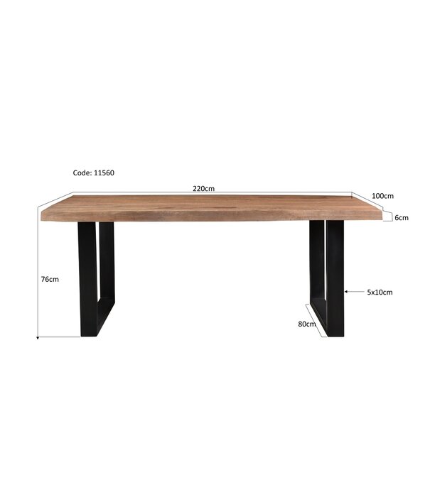 Duverger® Omerta - Table de salle à manger - rectangulaire - tronc d'arbre - 220cm - mangue - naturel - pied en U en acier - laqué noir