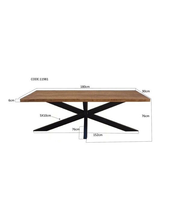 Duverger® Omerta - Eettafel - rechthoekig - 180cm - mangohout - naturel - stalen Spiderpoot - zwart gecoat