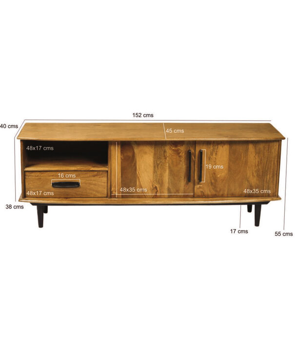 Duverger® Nostalgic Retro - TV-Schrank - Mangoholz - braun - Schublade - Nische - 2 Türen - L 152cm