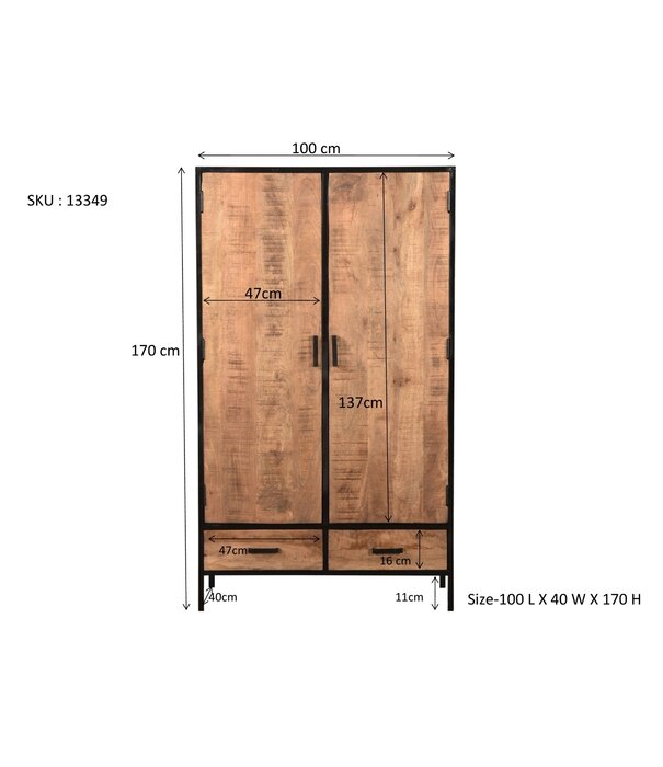 Duverger® Omerta - Buffetkast - mangohout - naturel - 2 deuren - 2 lades - stalen frame - zwart gecoat