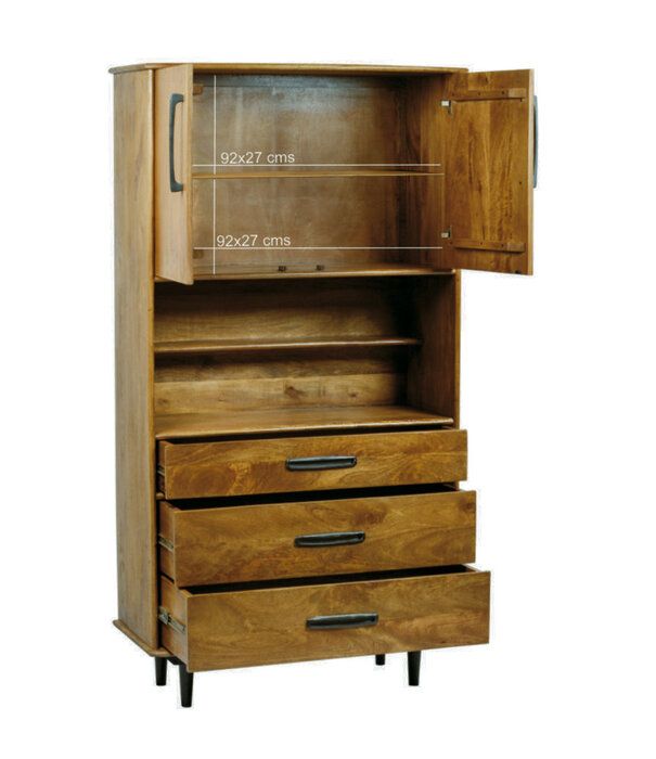 Duverger® Nostalgic Retro - Buffetschrank - Mangoholz - braun - 3 Schubladen - Nische - 2 Türen