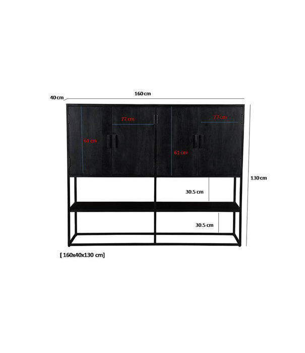 Duverger® Black Omerta - Buffetkast - mango - zwart - 4 deuren - 1 legplank - stalen frame - zwart gecoat