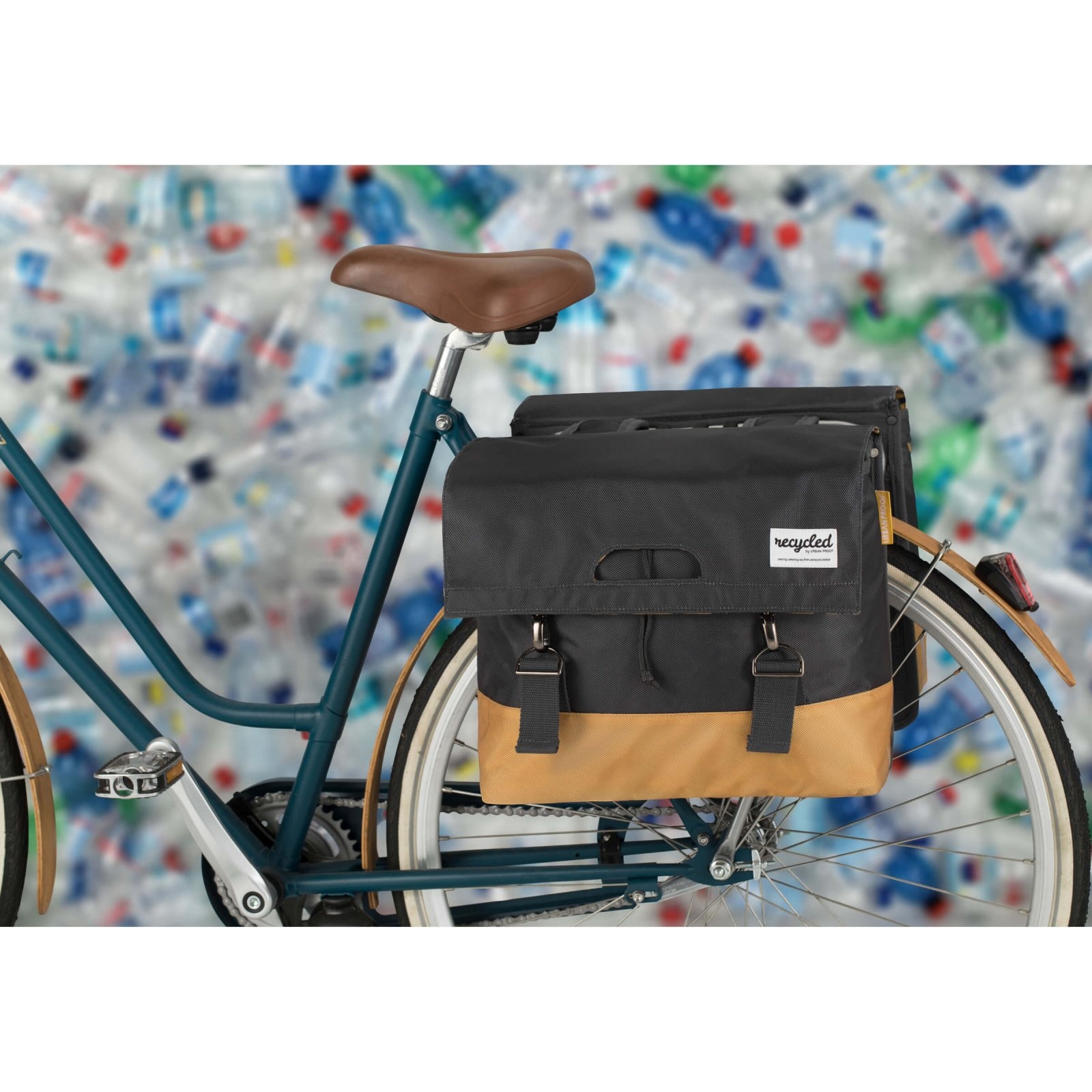 Dubbele Fietstas 40 liter recycled grijs geel