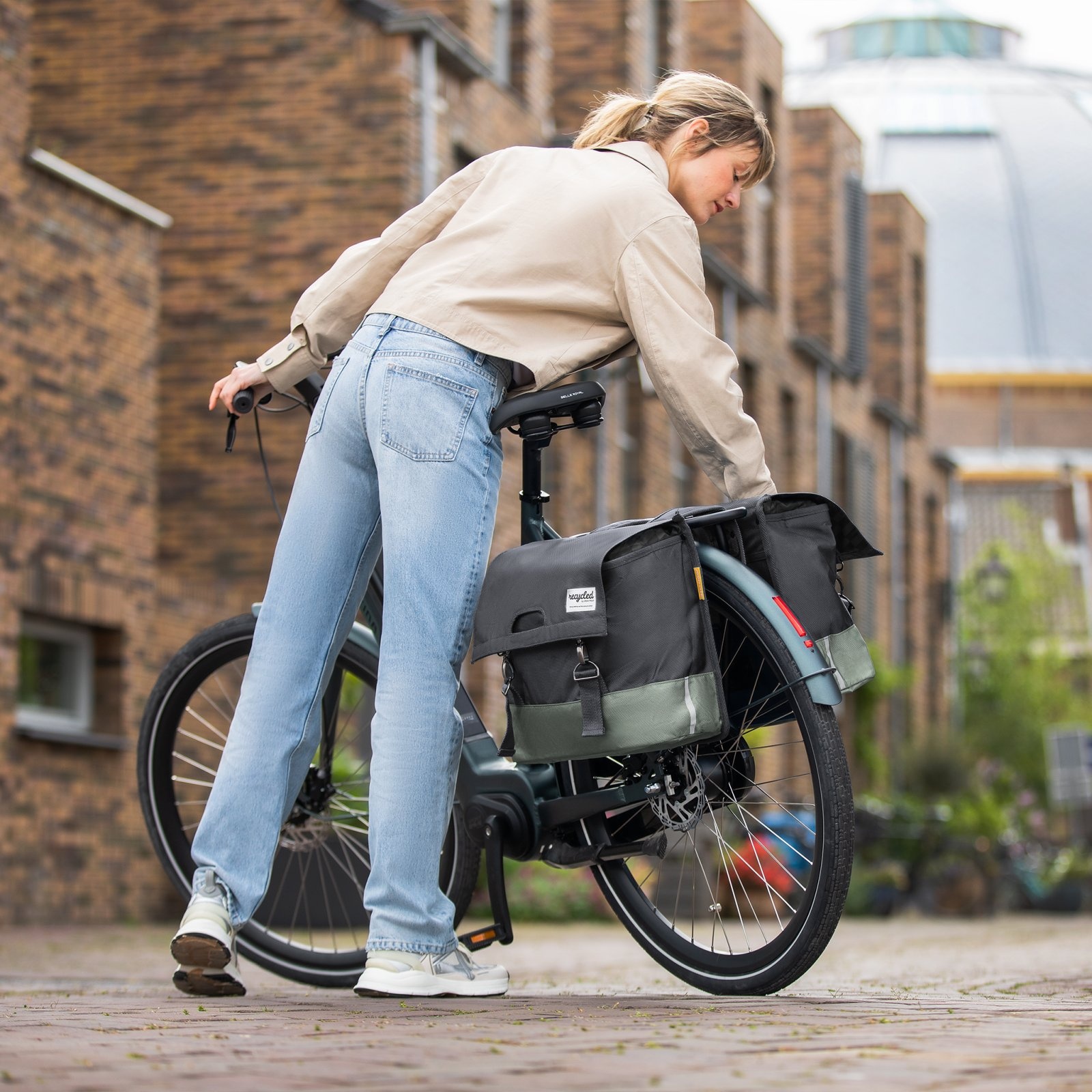 Dubbele Fietstas 40 liter recycled groen grijs