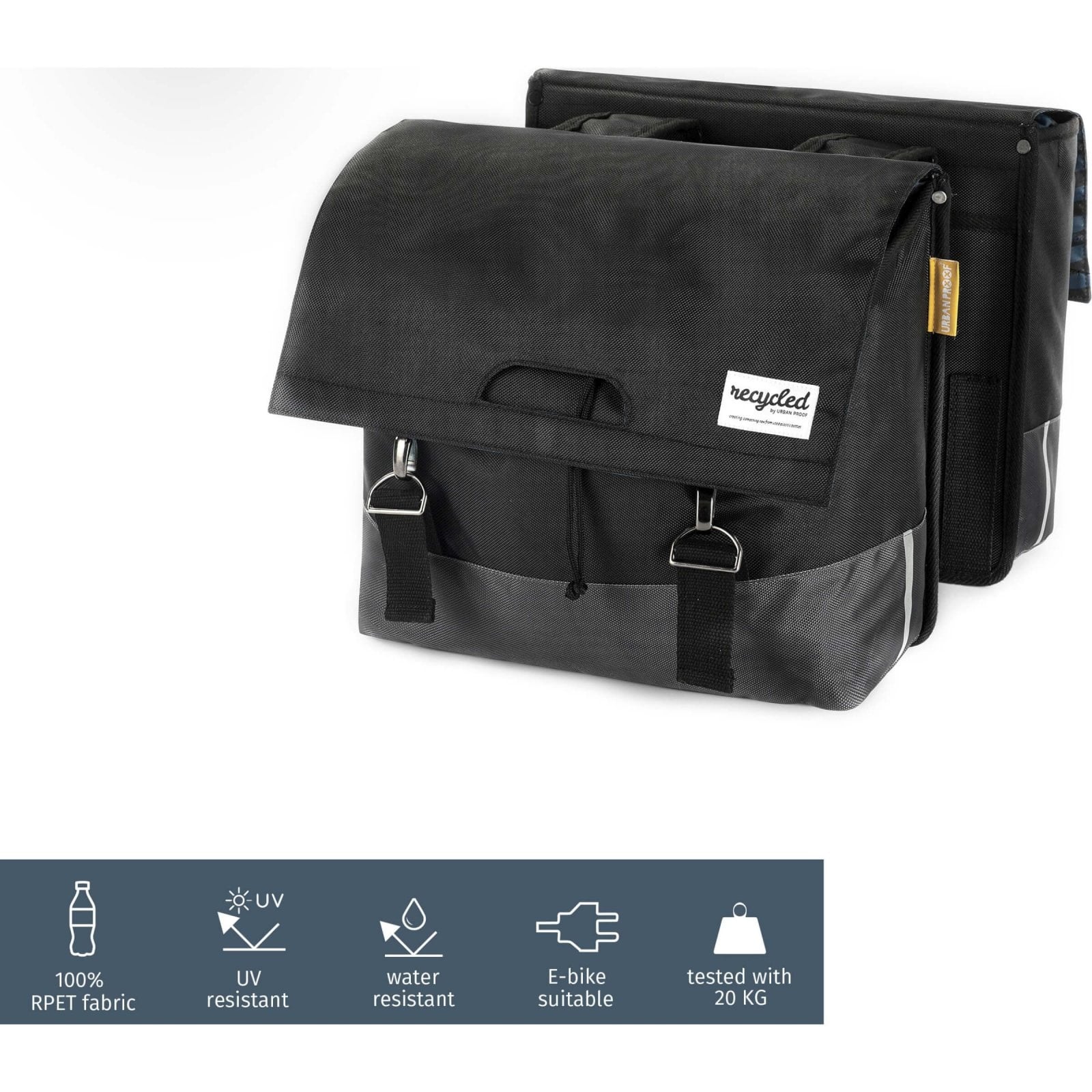 Dubbele Fietstas 55 liter recycled Zwart Grijs