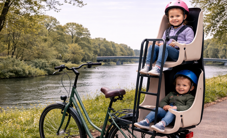 De eerste dubbeldekker fietsstoel: twee kinderen, één zitje