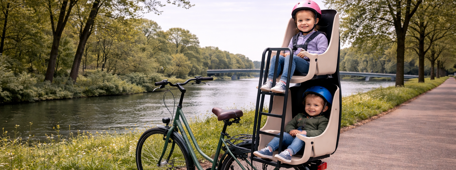 De eerste dubbeldekker fietsstoel: twee kinderen, één zitje