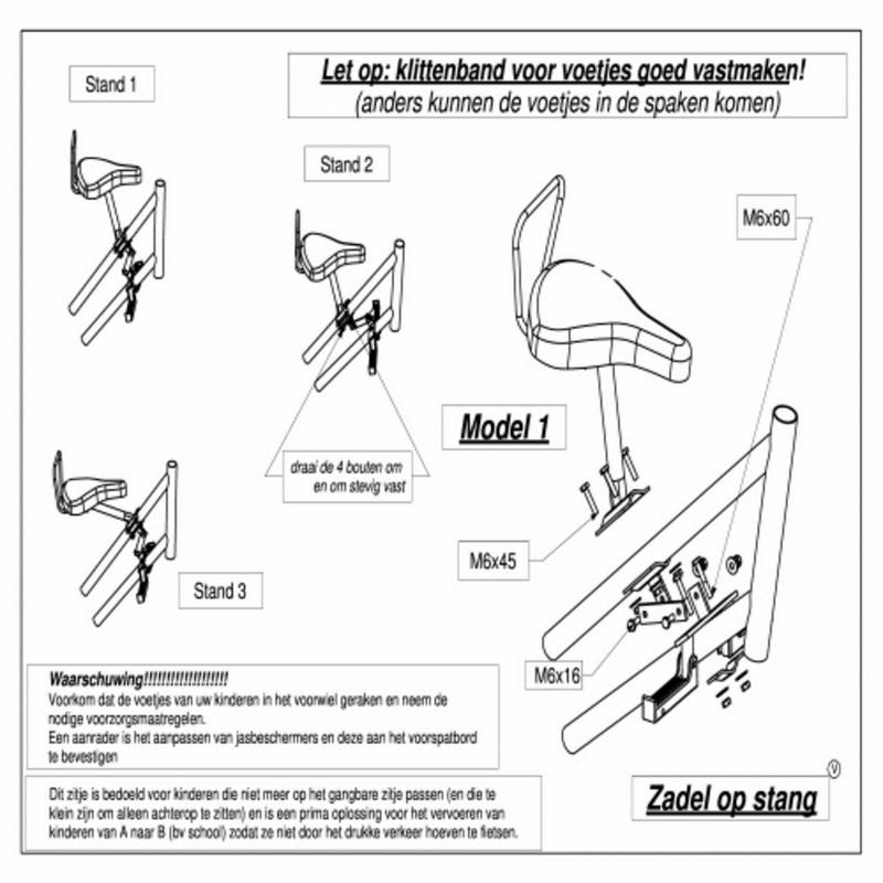 Zadel op Stang voor een Damesfiets met dubbel frame (Buiszadel)